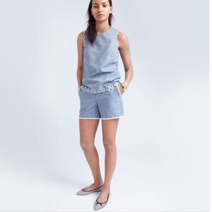 J. Crew Sleeveless Chambray Denim White Embroidered Scallop Shirt Grommet 4 XS